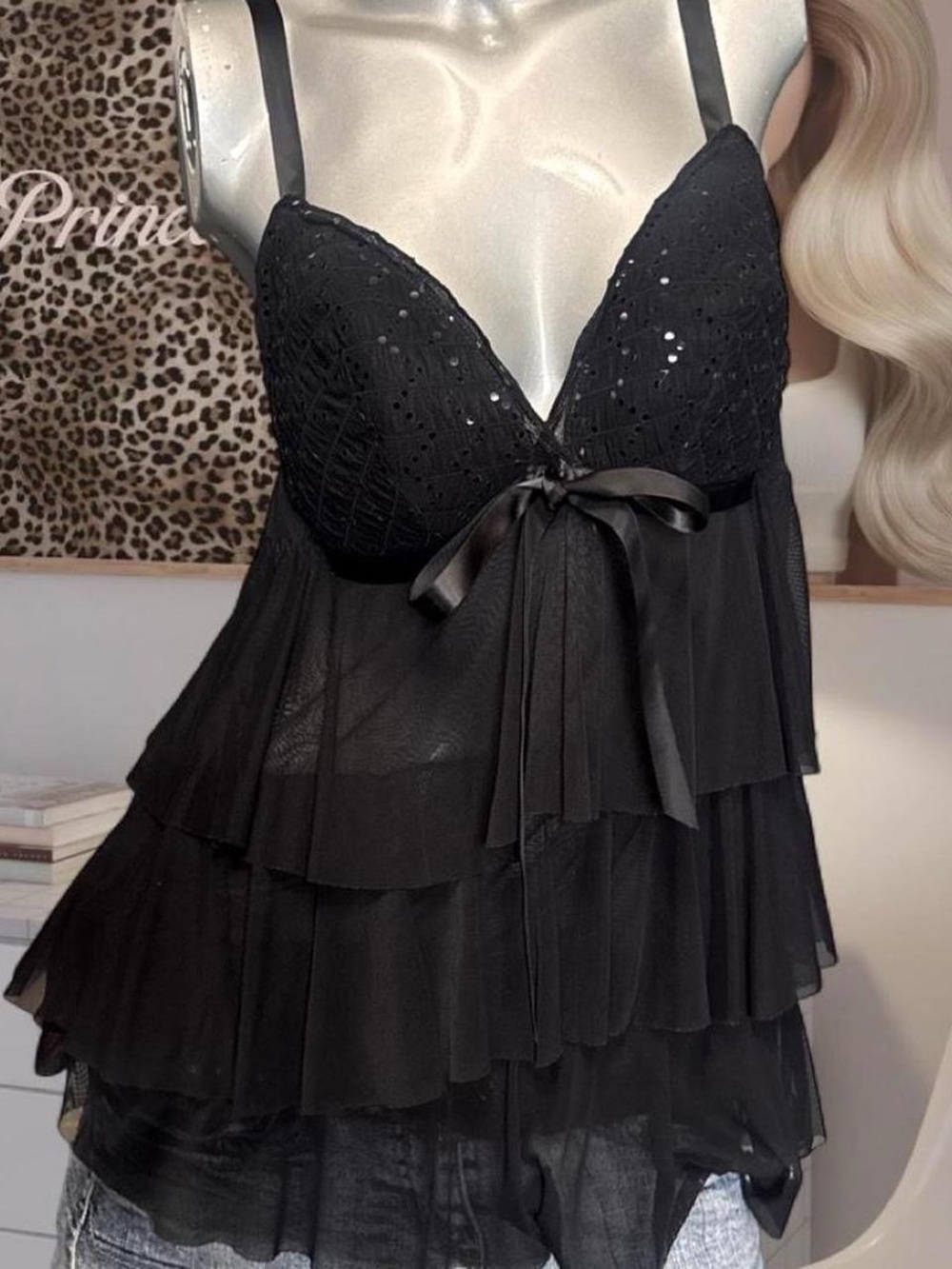 Fairy Core black sequin top with bow detail